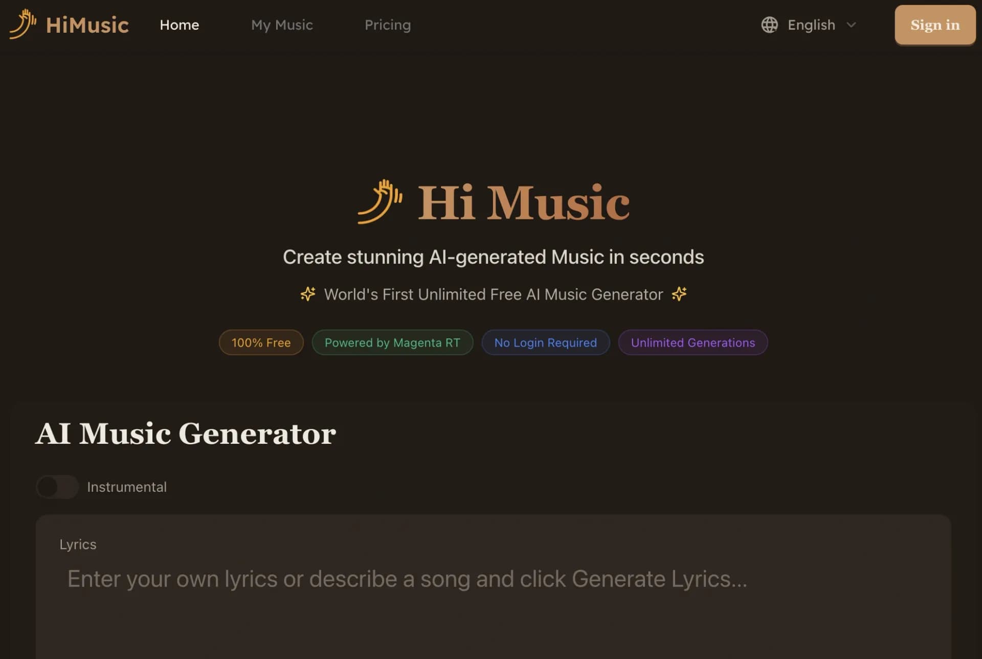 Hi Music homepage screenshot — Create stunning AI music in seconds