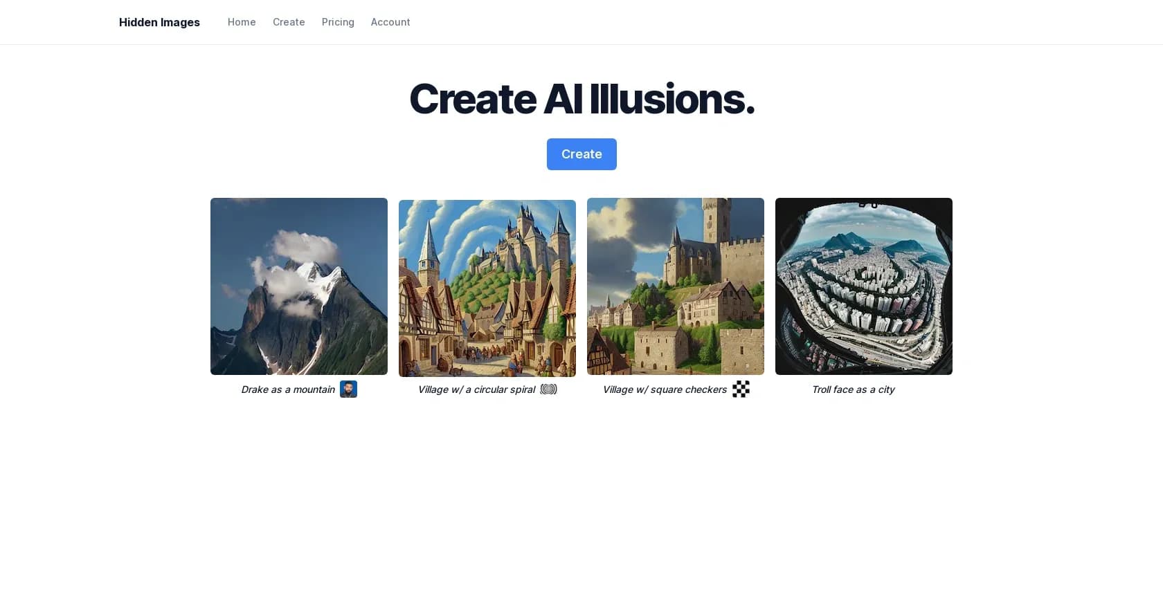 Hidden Images homepage screenshot — Create AI illusions that hide in plain sight.