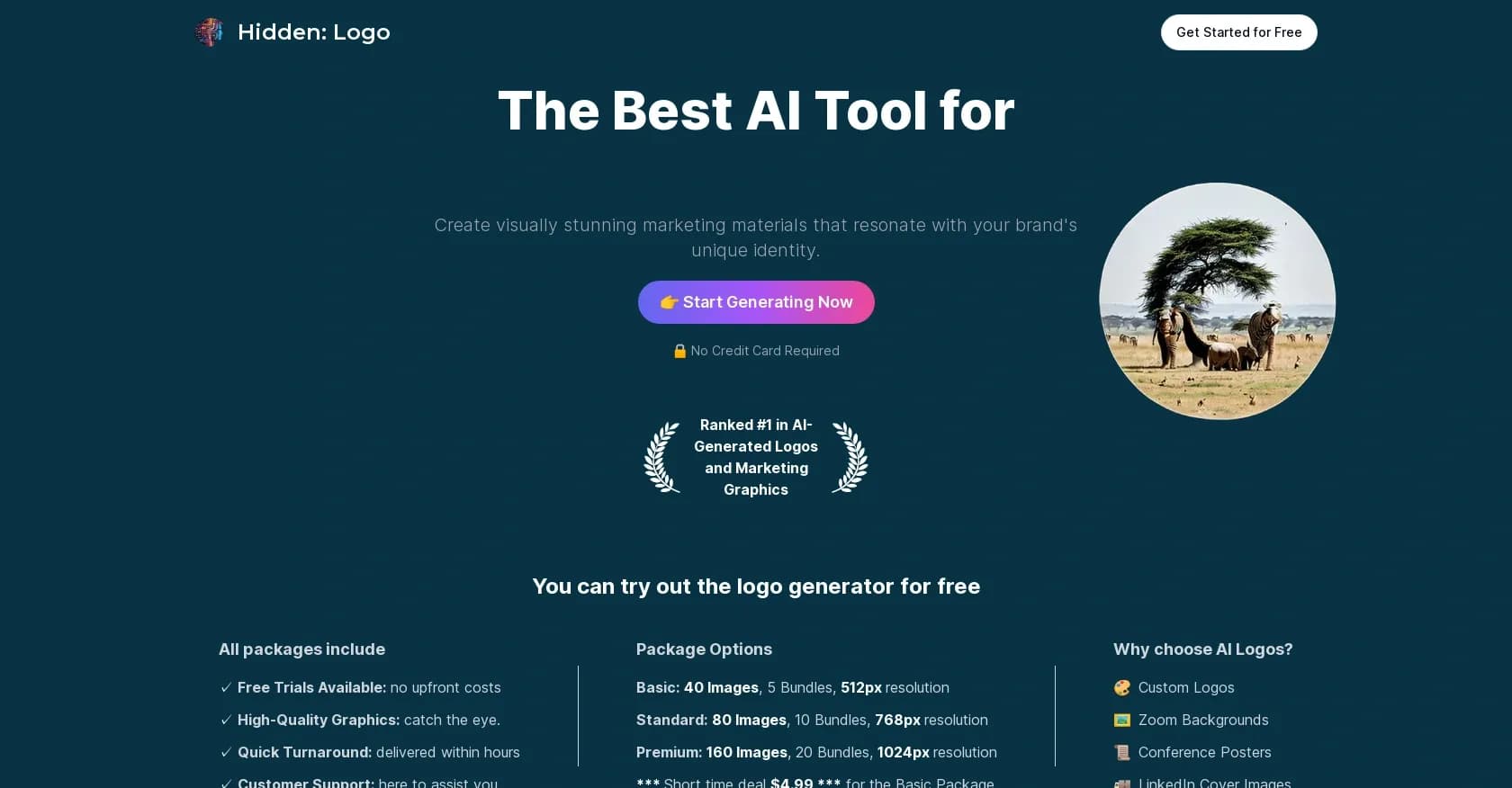 Hidden Logo homepage screenshot — Create stunning AI-generated logos and marketing graphics.