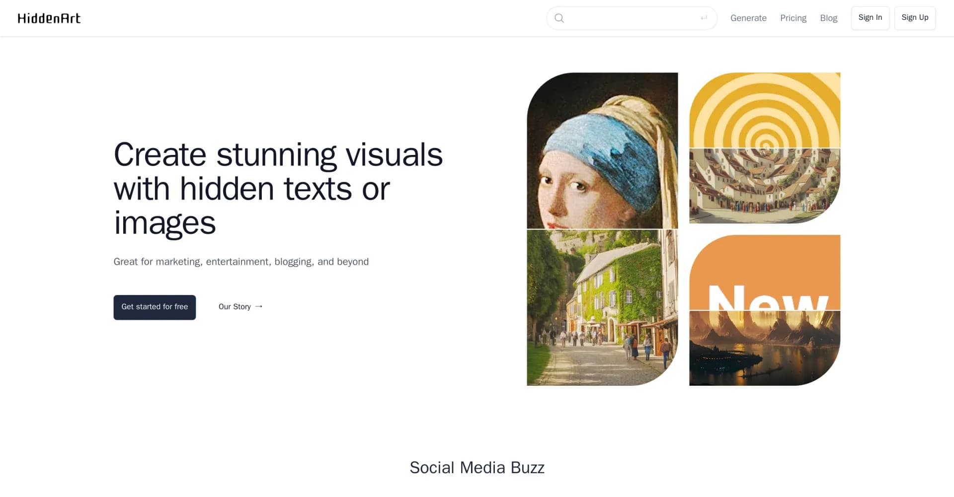 HiddenArt homepage screenshot — Create stunning visuals with hidden texts or images