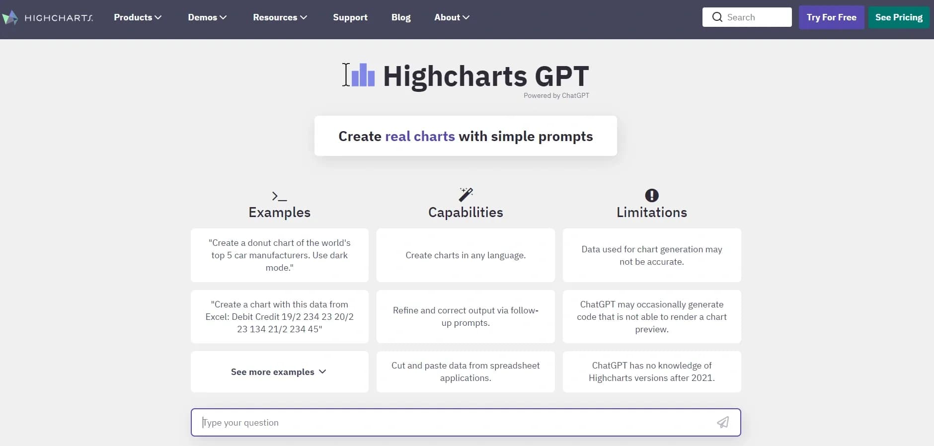 Highcharts homepage screenshot — Create charts instantly with natural language.