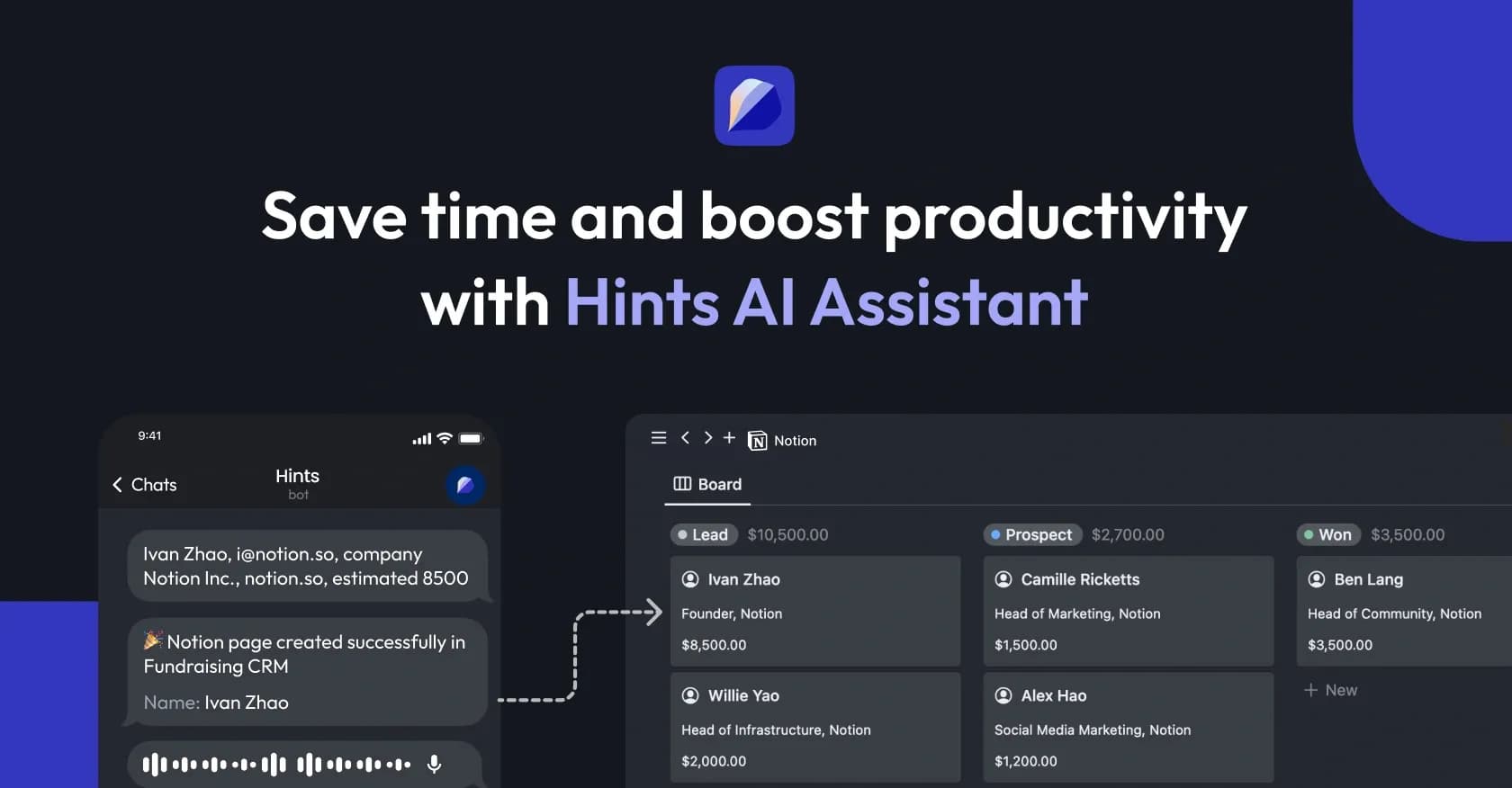 Hints homepage screenshot — Efficient and automated business task assistant.