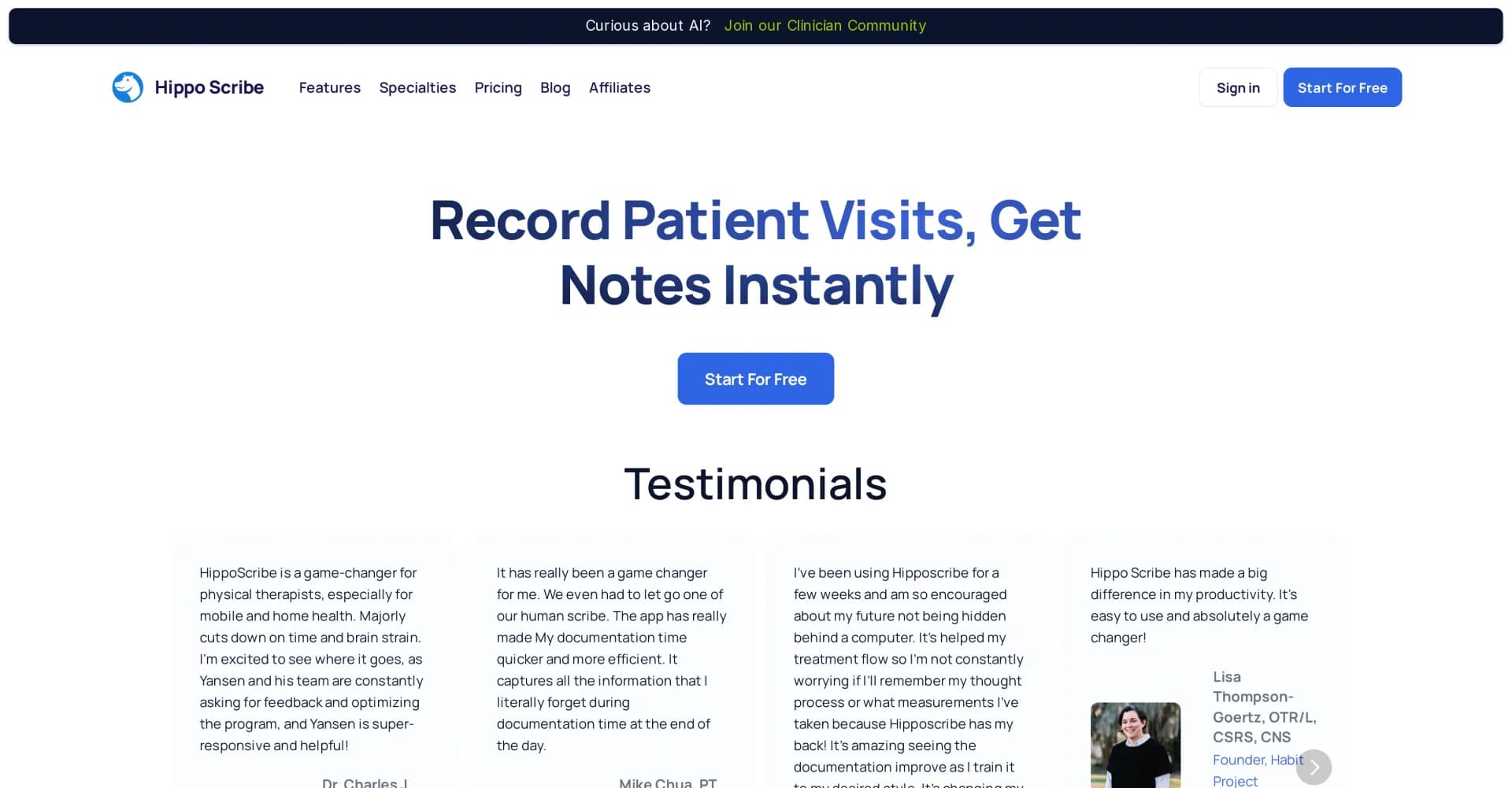 Hippo Scribe homepage screenshot — Record patient visits, get notes instantly.