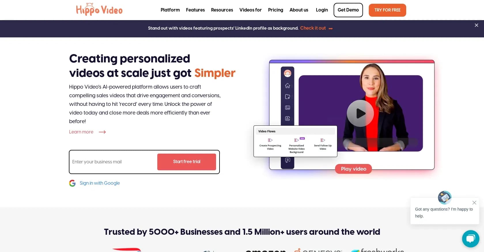 Hippo Video homepage screenshot — Seamless video workflows for enterprise marketing and sales
