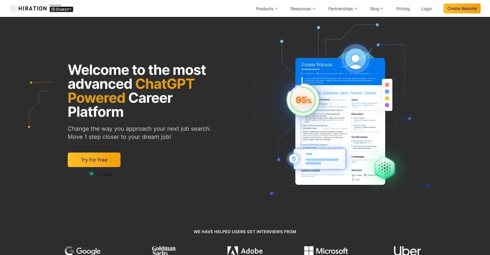 Hiration homepage screenshot — Build tech resumes that land interviews