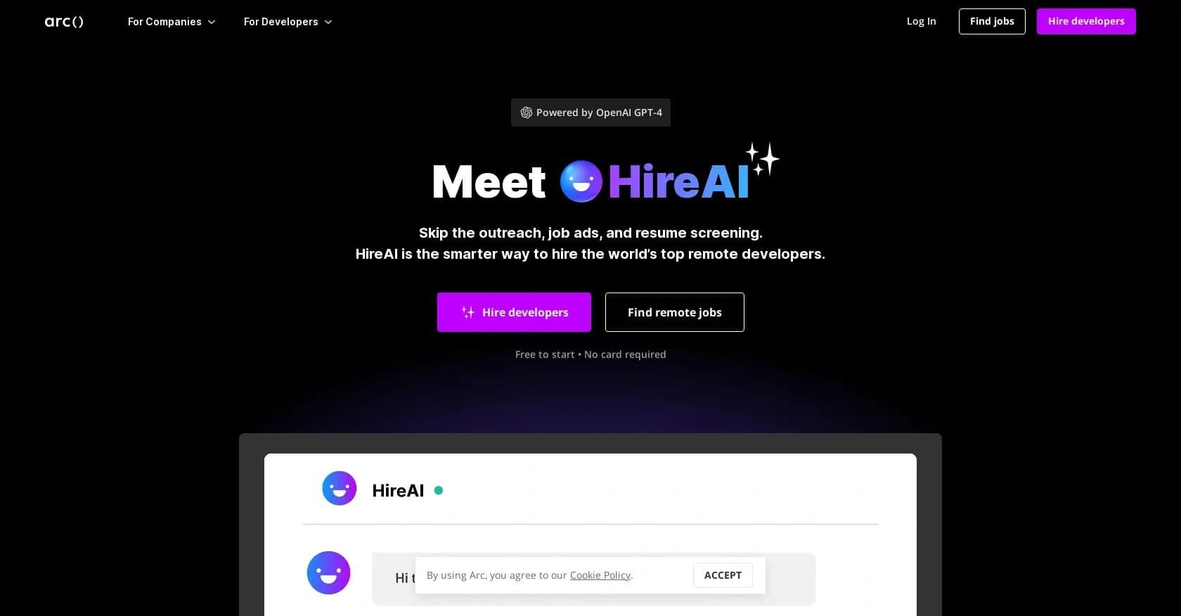 Hire AI homepage screenshot — AI-powered marketplace for hiring top remote developers
