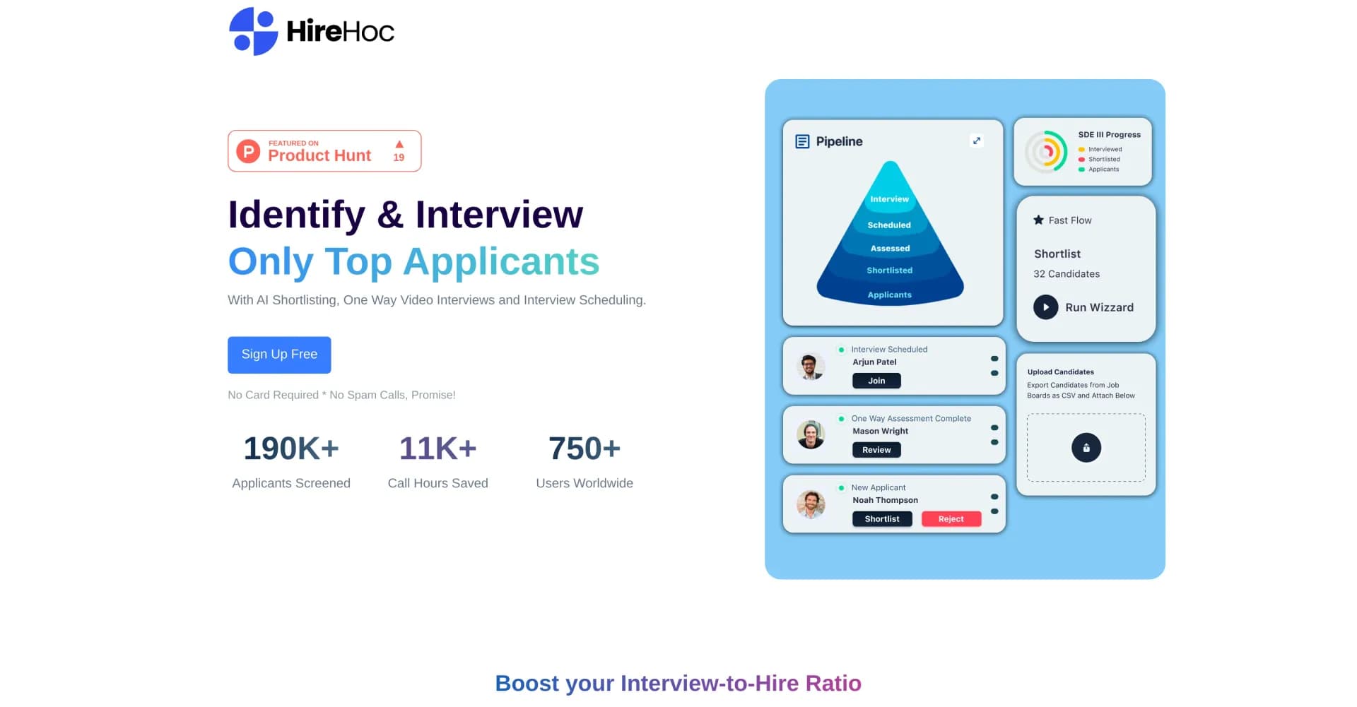 Hire Hoc homepage screenshot — AI-powered hiring: Screen, interview, and hire smarter.