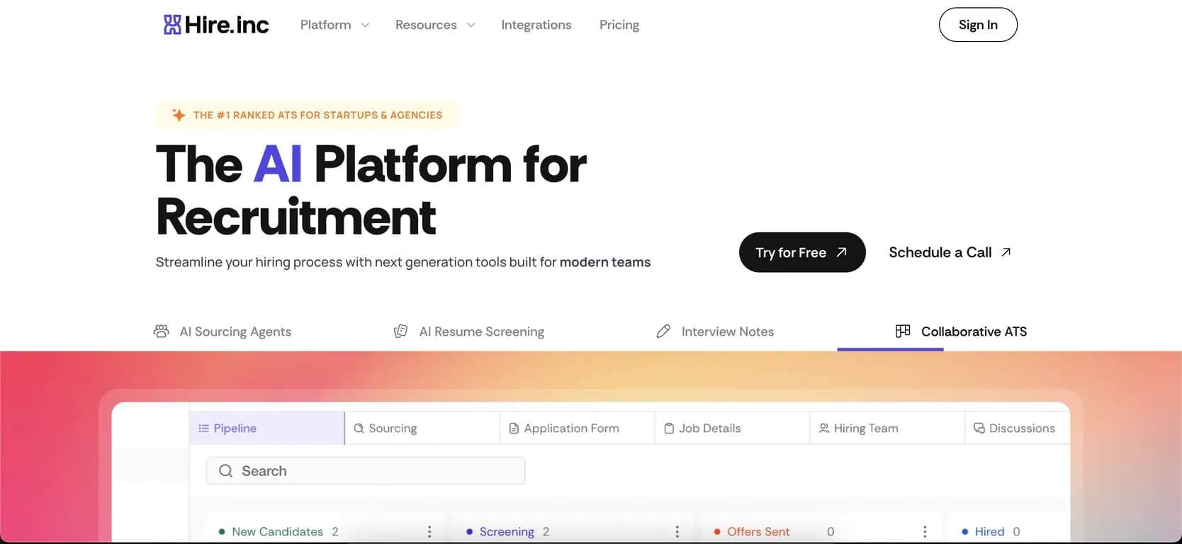 Hire.inc homepage screenshot — The AI Platform for Recruitment