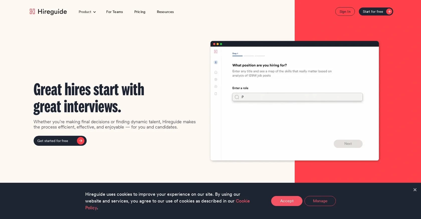 Hireguide homepage screenshot — Great hires start with great interviews.