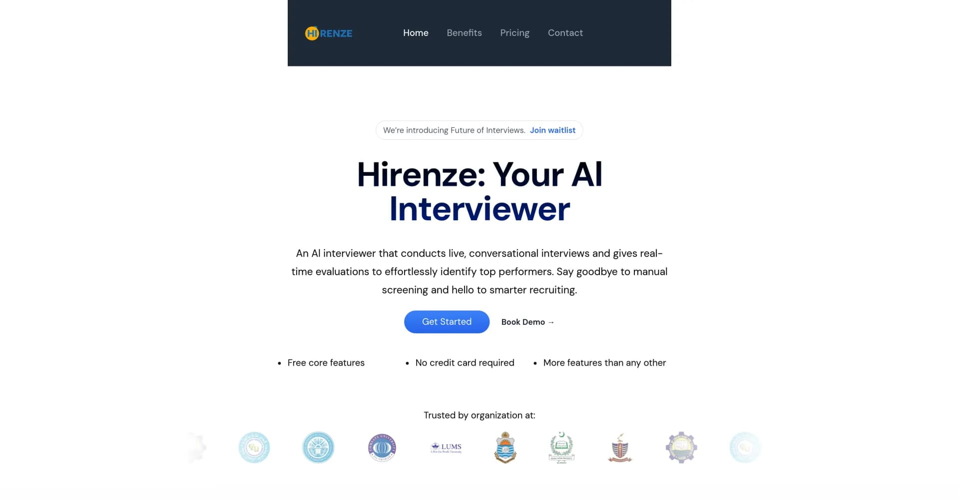 Hirenze homepage screenshot — AI interviewer for smarter, effortless recruiting