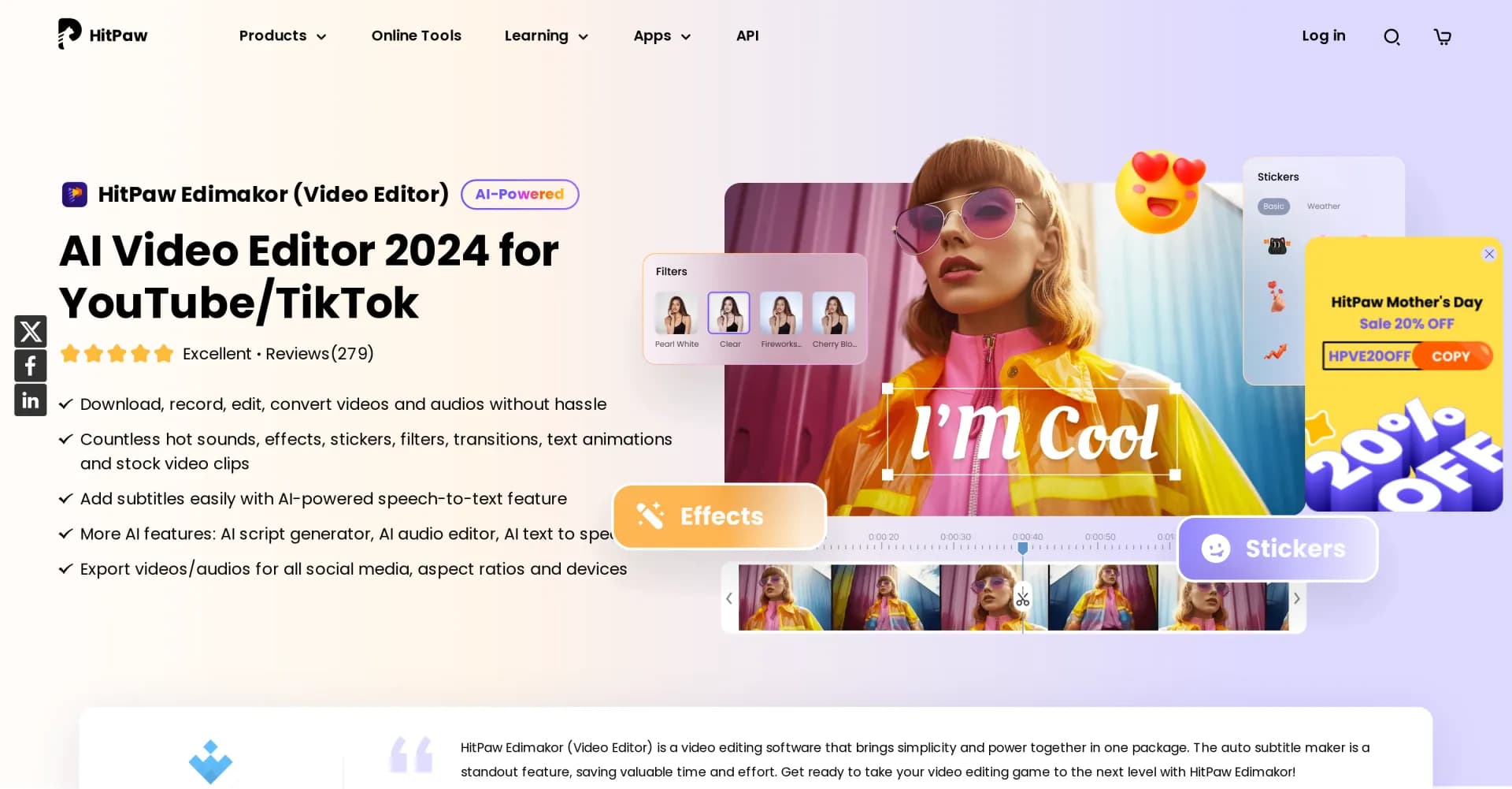 HitPaw Edimakor homepage screenshot — AI-powered video editing made easy.