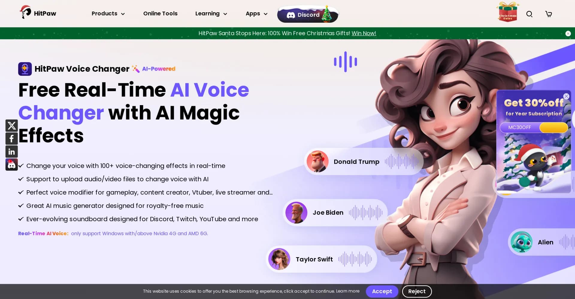 HitPaw Voice Changer homepage screenshot — Transform your voice in real-time with AI effects.