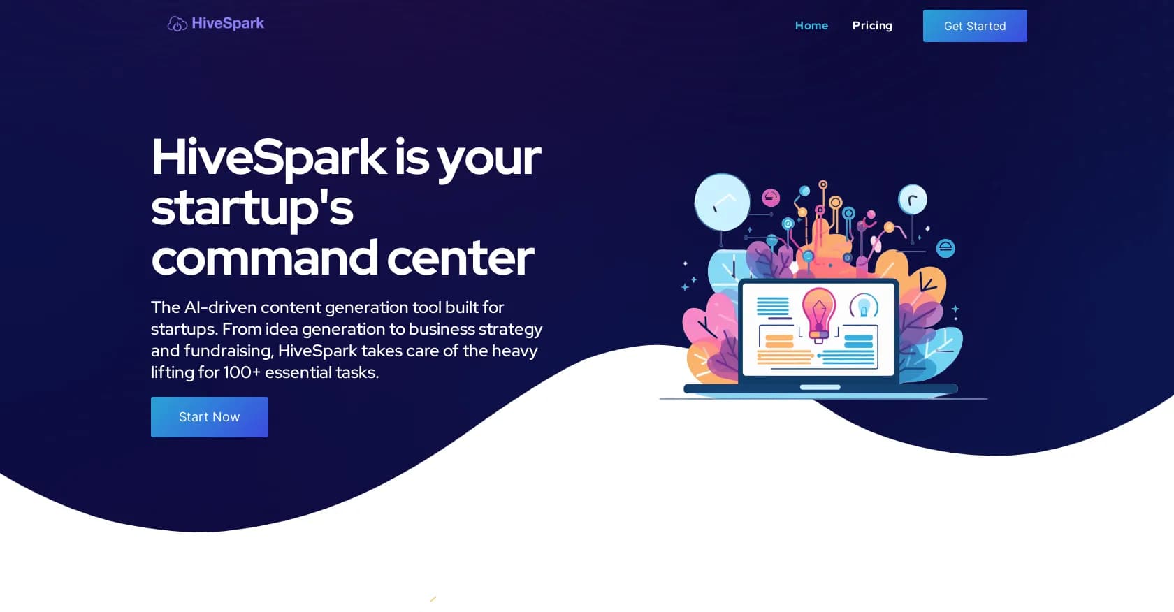 HiveSpark homepage screenshot — AI-driven command center for startup success