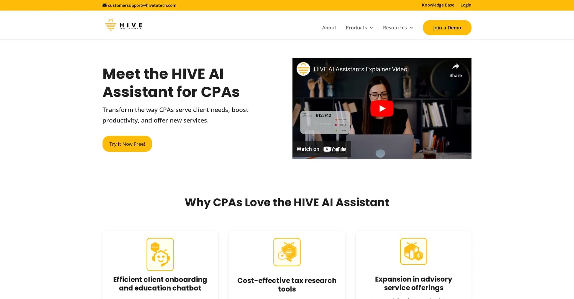 HiveTax homepage screenshot — Transform CPA services with AI-powered productivity.