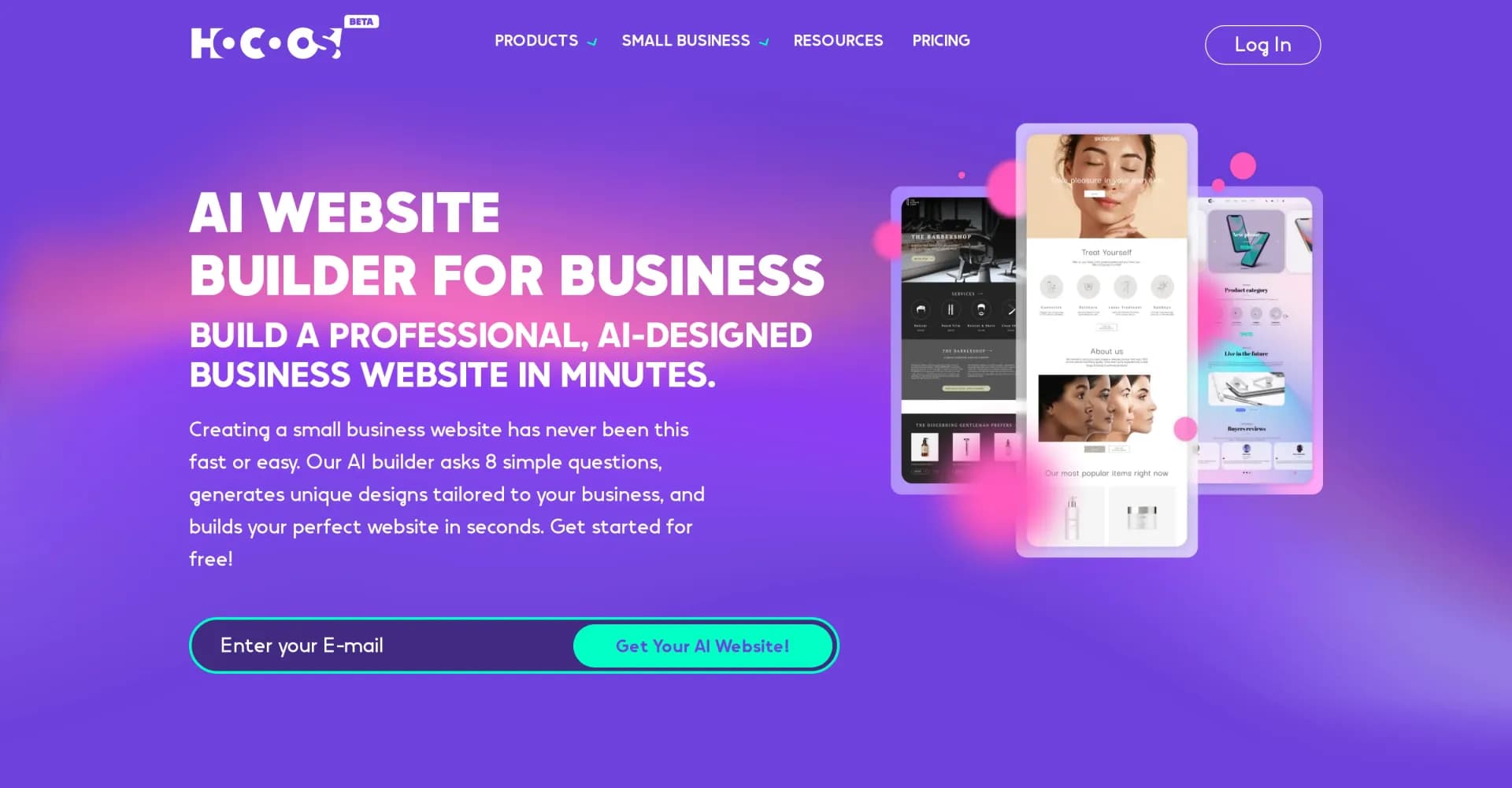 Hocoos homepage screenshot — Create stunning websites in minutes with AI
