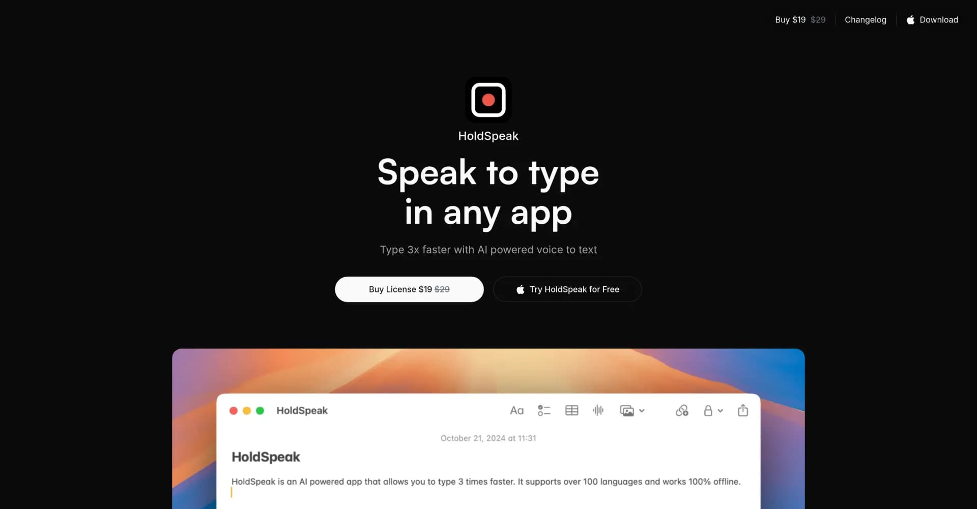 HoldSpeak homepage screenshot — Type 3x faster with AI-powered voice-to-text