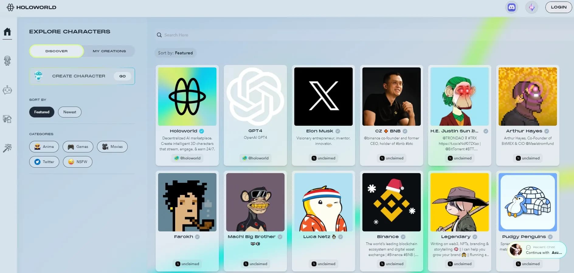 Holoworld homepage screenshot — Create interactive AI characters that engage 24/7
