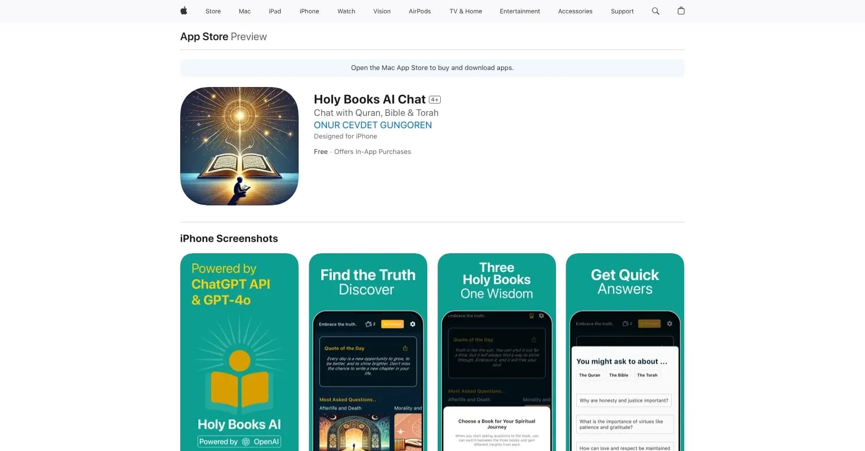 Holy Books AI Chat homepage screenshot — AI-powered religious guidance for daily life.