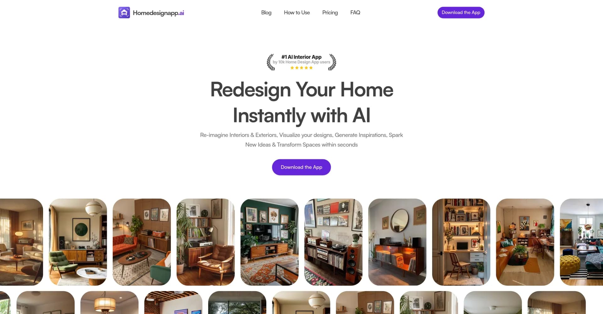 Home Design AI homepage screenshot — Transform any room instantly with AI interior design.