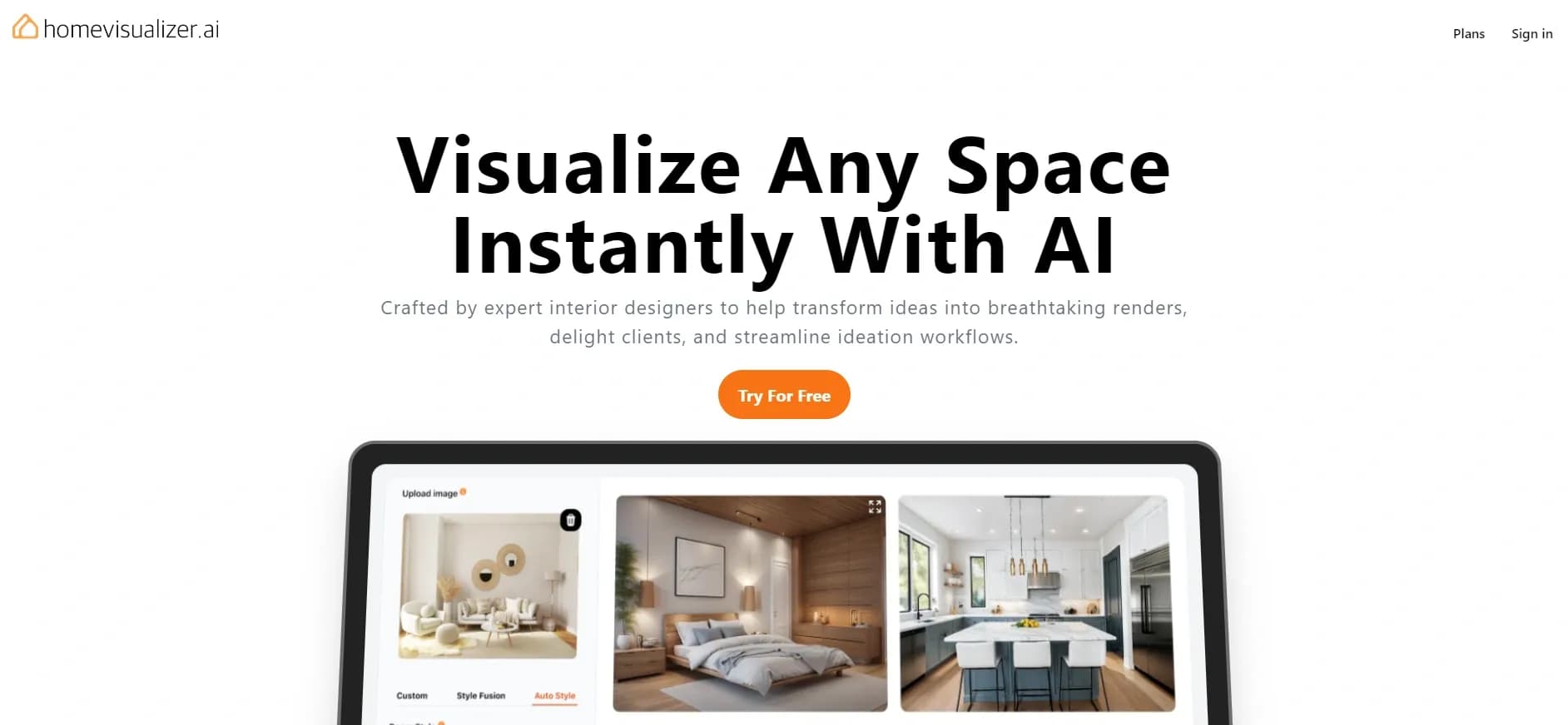 Home Visualizer AI homepage screenshot — Visualize any space instantly with AI