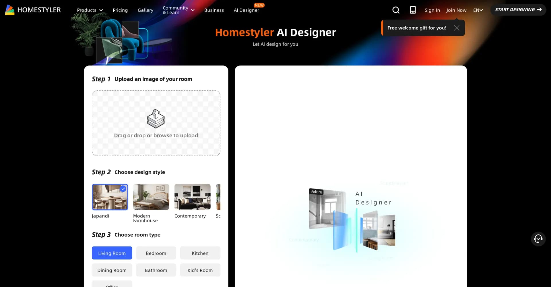 Homestyler homepage screenshot — Transform spaces with AI-powered interior design