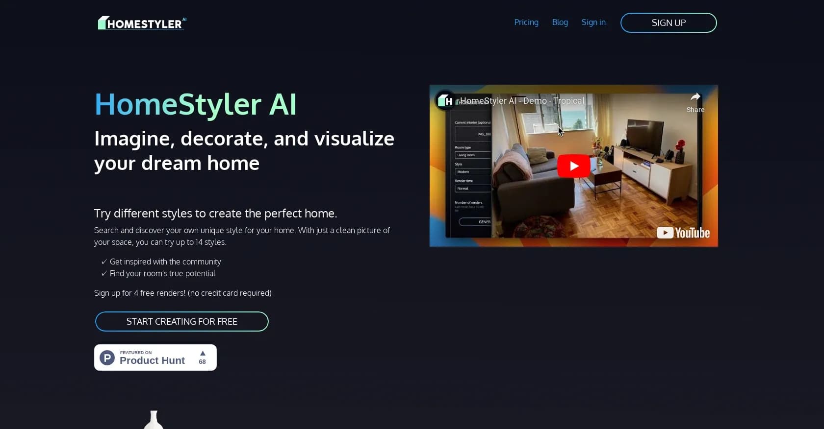 HomestylerAI homepage screenshot — Transform spaces into designer masterpieces with a click.