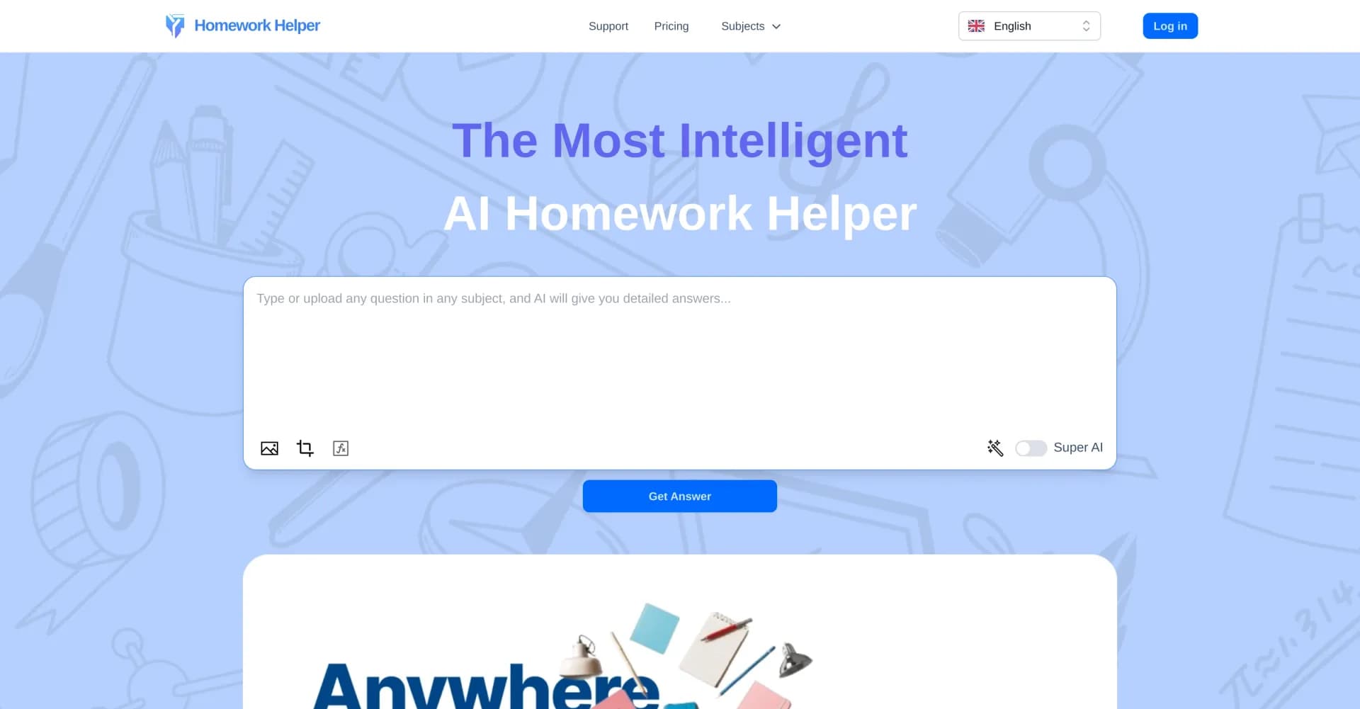 Homework Helper homepage screenshot — 24/7 AI homework solver for instant guidance