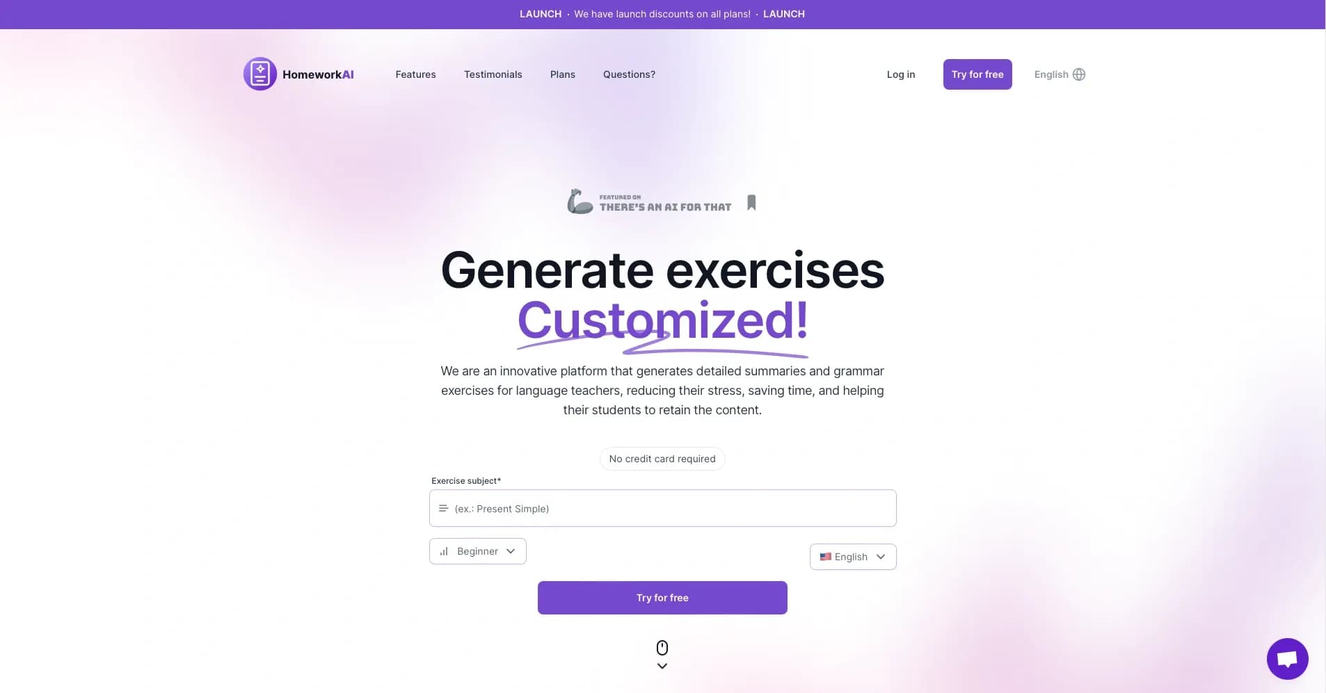 HomeworkAI homepage screenshot — Generates detailed summaries and grammar exercises for langu