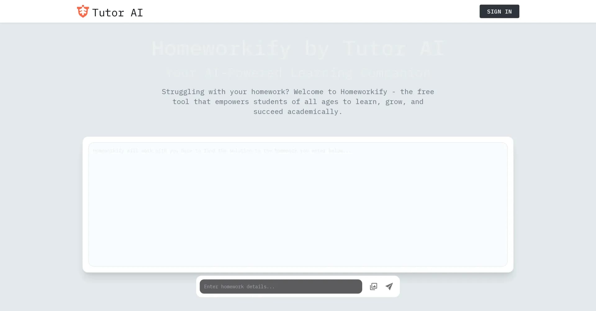 Homeworkify by Tutor AI homepage screenshot — AI-powered learning companion for homework success