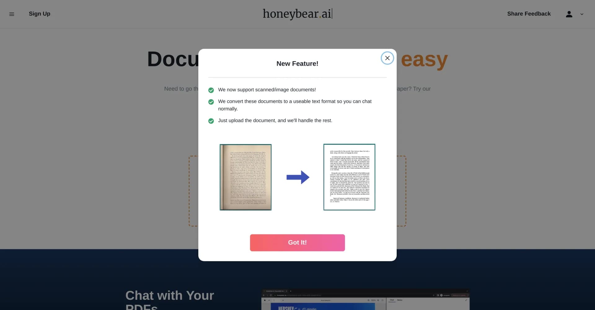 honeybear.ai homepage screenshot — Document reading made easy with AI.