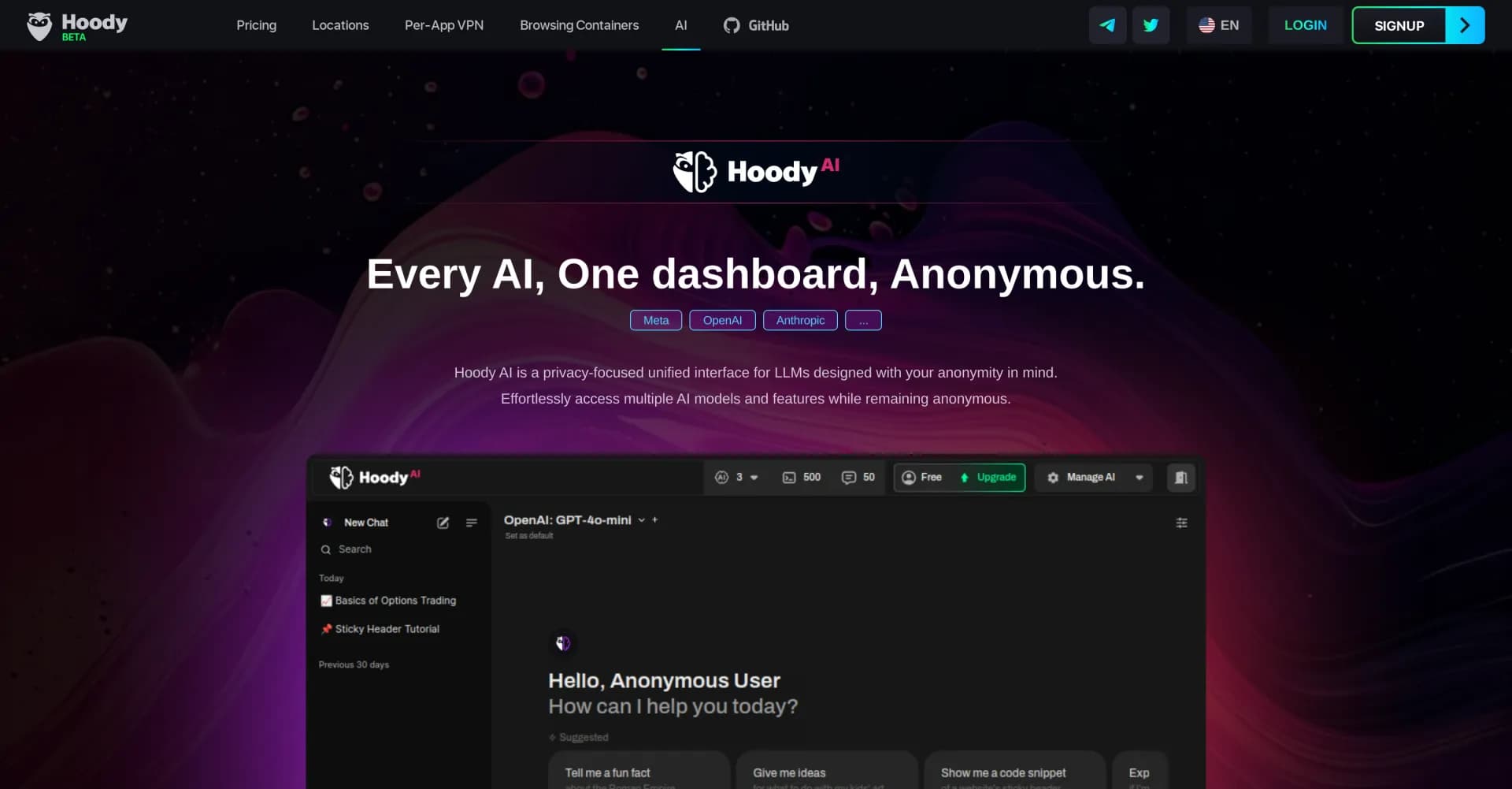 Hoody AI homepage screenshot — Every AI, One dashboard, Anonymous.
