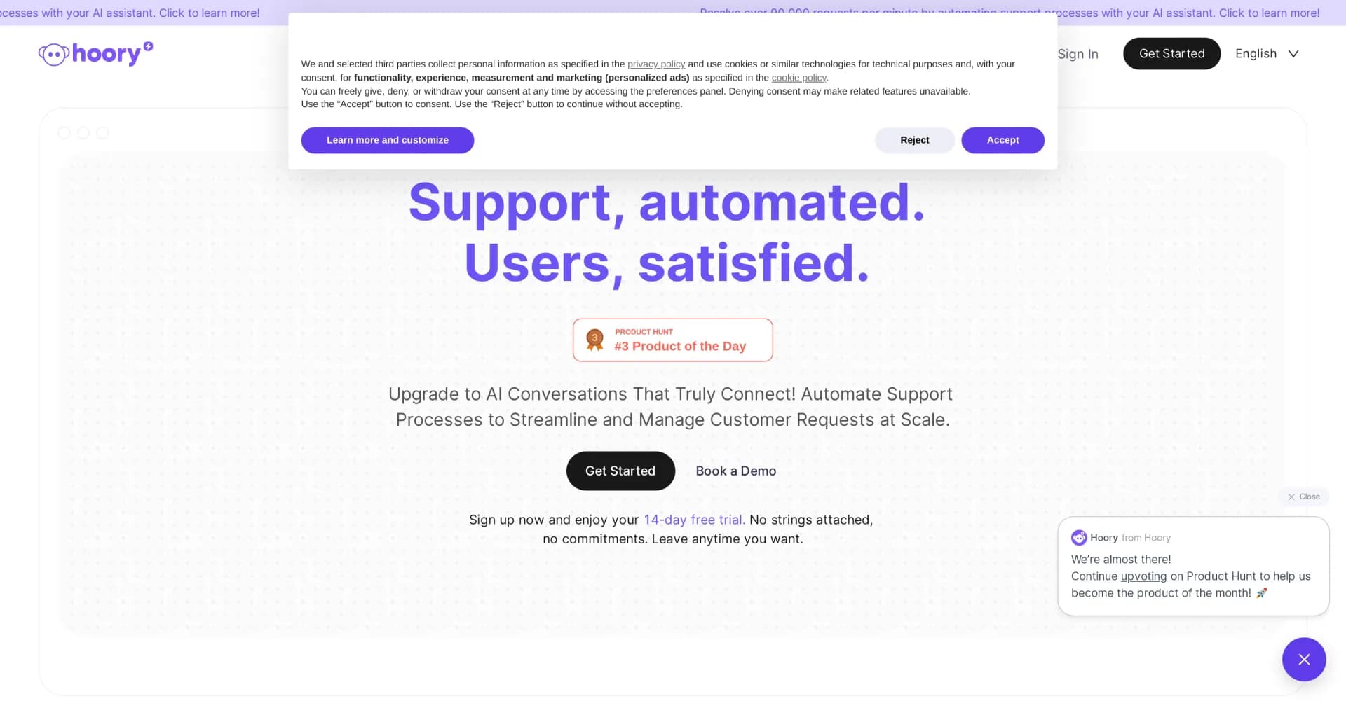 Hoory homepage screenshot — Automate support with AI: 90,000 requests per minute.