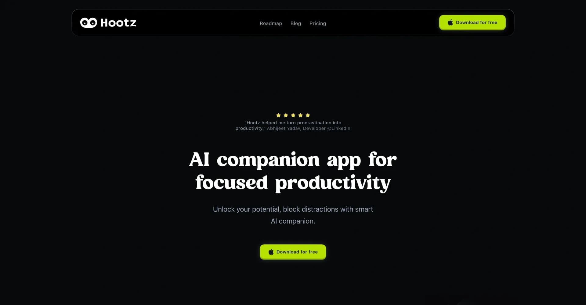Hootz homepage screenshot — AI companion for focused productivity