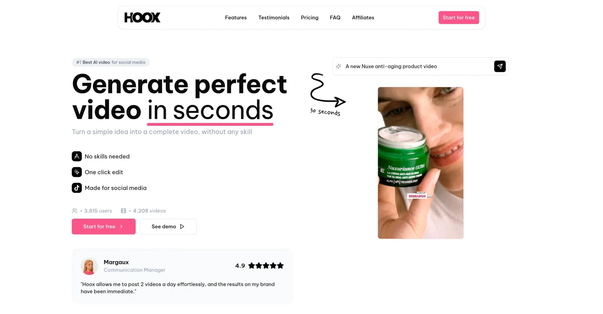 Hoox homepage screenshot — Generate perfect videos in seconds with AI