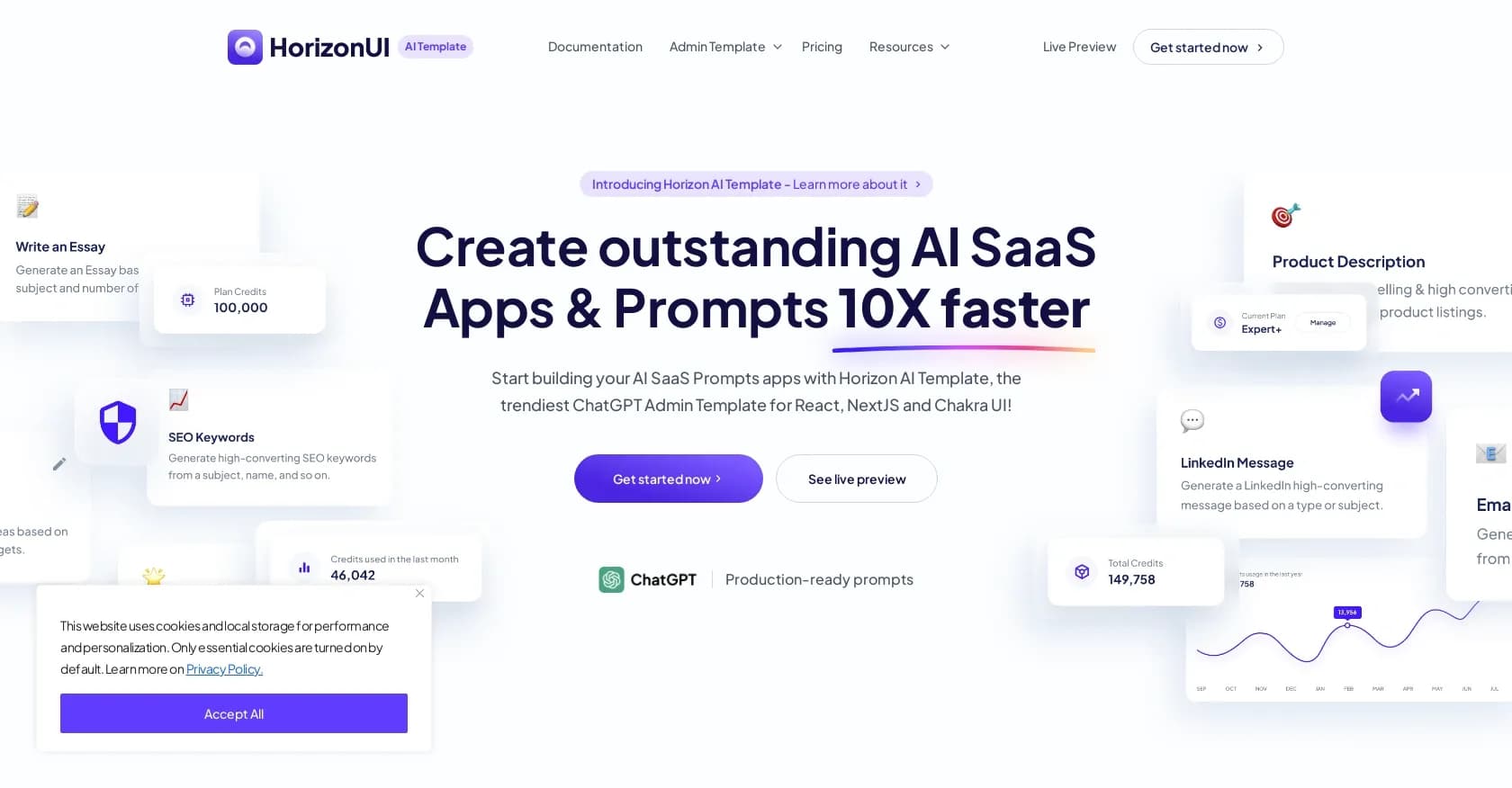 Horizon-ui homepage screenshot — Build AI apps 10x faster with ChatGPT-powered templates