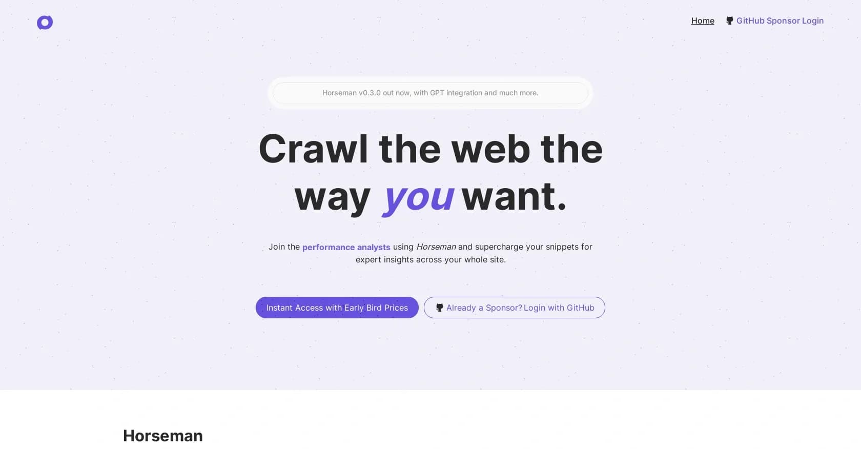 Horseman homepage screenshot — Configurable web crawler with GPT integration.