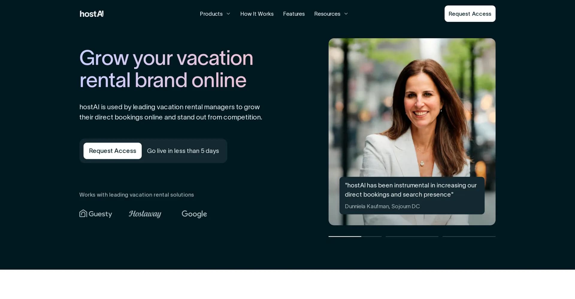 hostAI homepage screenshot — Grow your vacation rental brand online with AI.