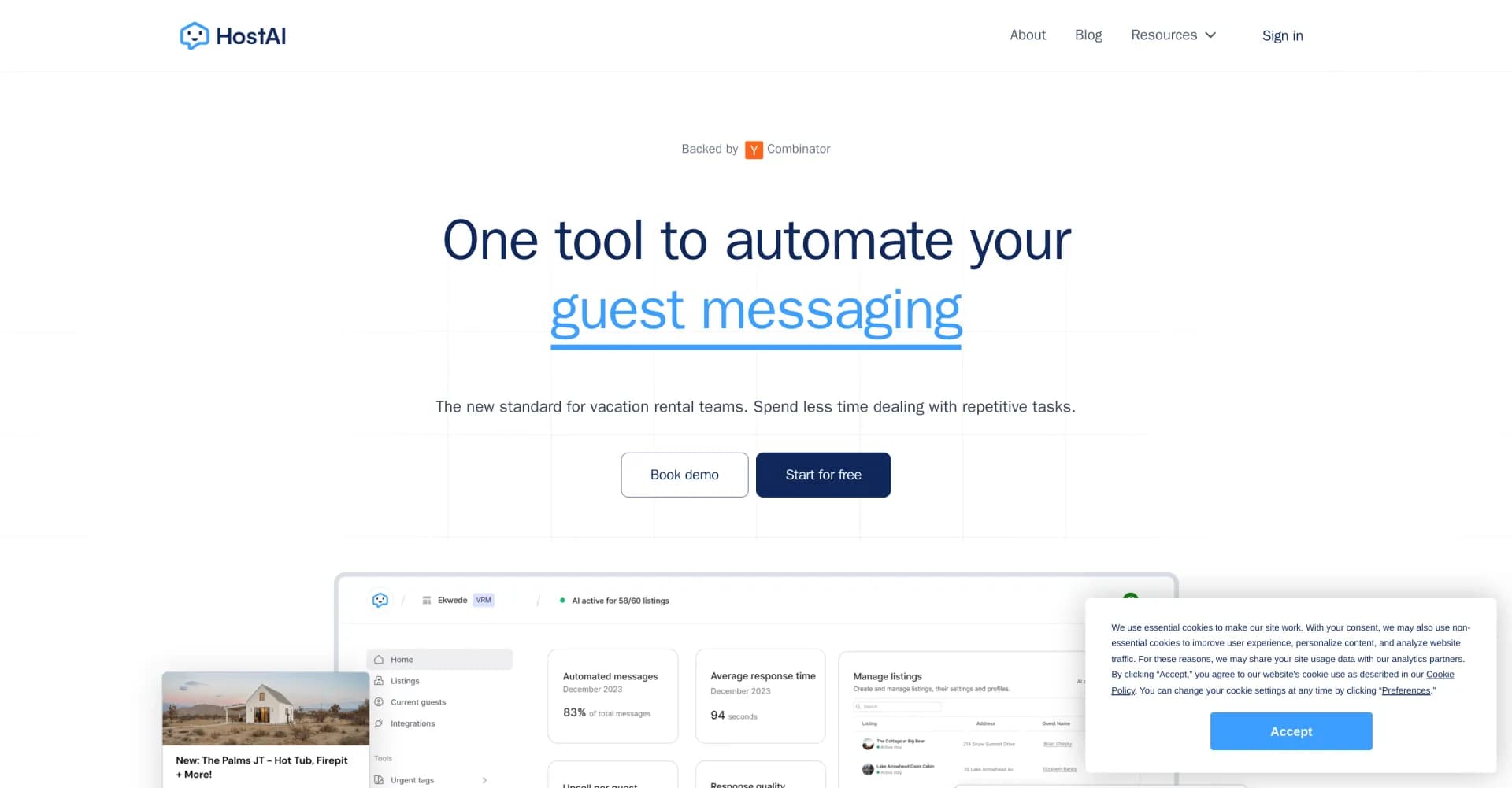 HostAI homepage screenshot — Automate guest messaging for vacation rentals.