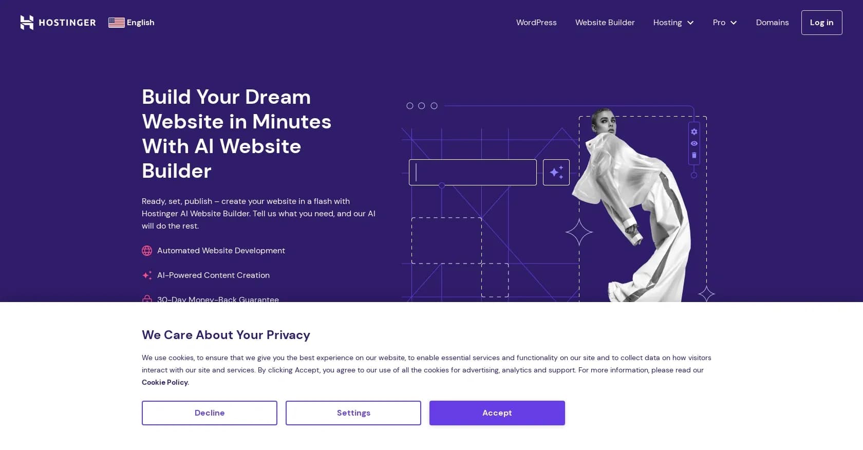 Hostinger homepage screenshot — Create stunning websites instantly with AI.