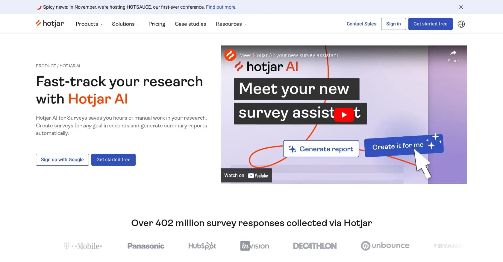 Hotjar homepage screenshot — Fast-track your research with AI-powered surveys.