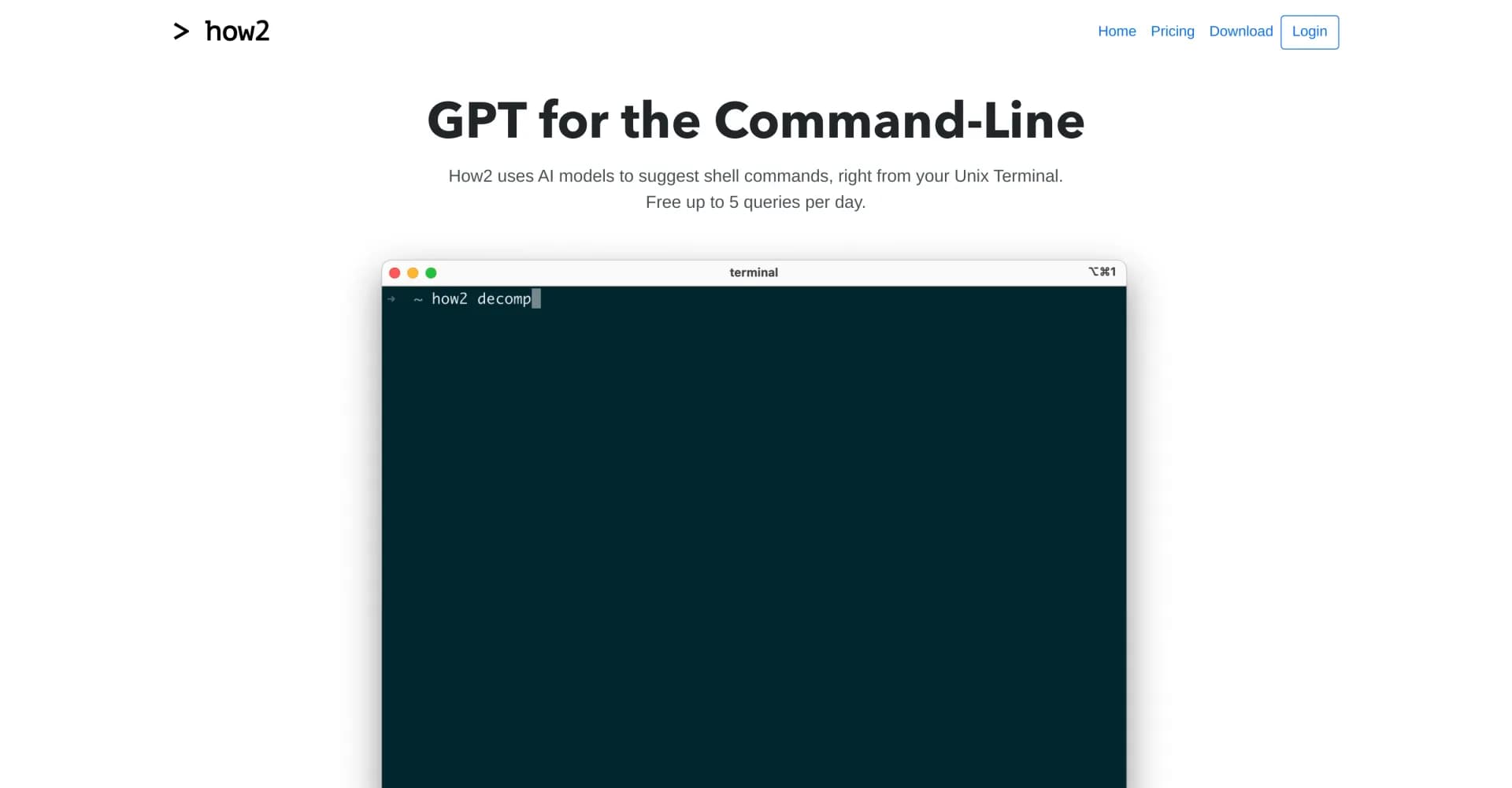 How2 homepage screenshot — AI-powered code completion for your Unix Terminal.