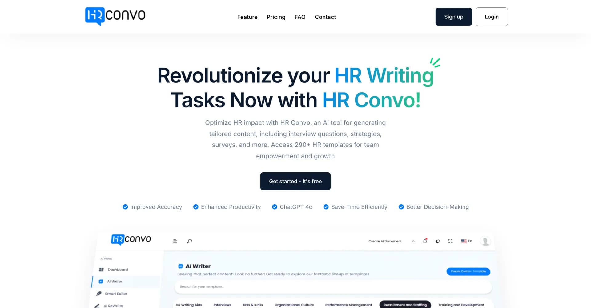 HR Convo homepage screenshot — Revolutionize your HR writing with tailored AI content.