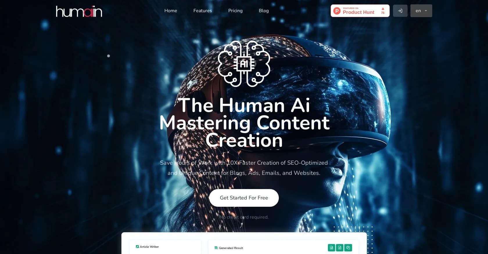 Humai.in homepage screenshot — The ultimate AI content and image generator