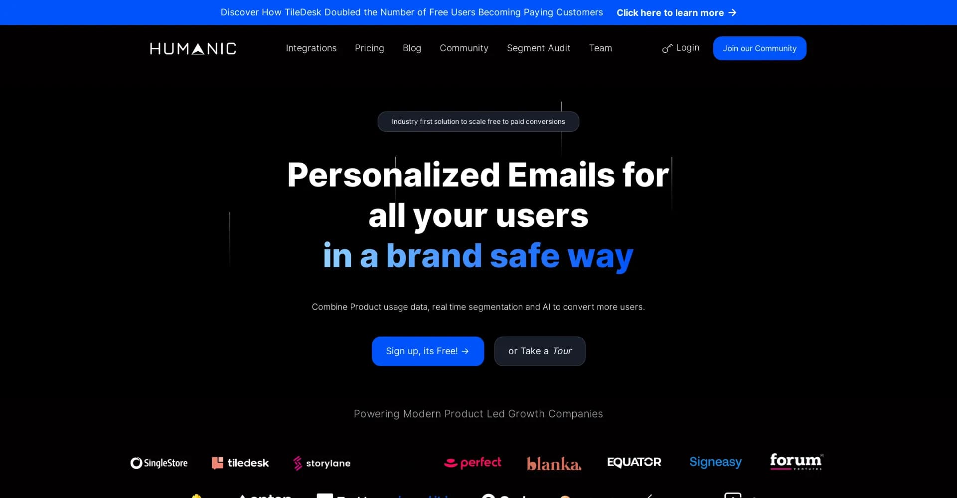 Humanic homepage screenshot — Scale free-to-paid conversions with AI-powered marketing