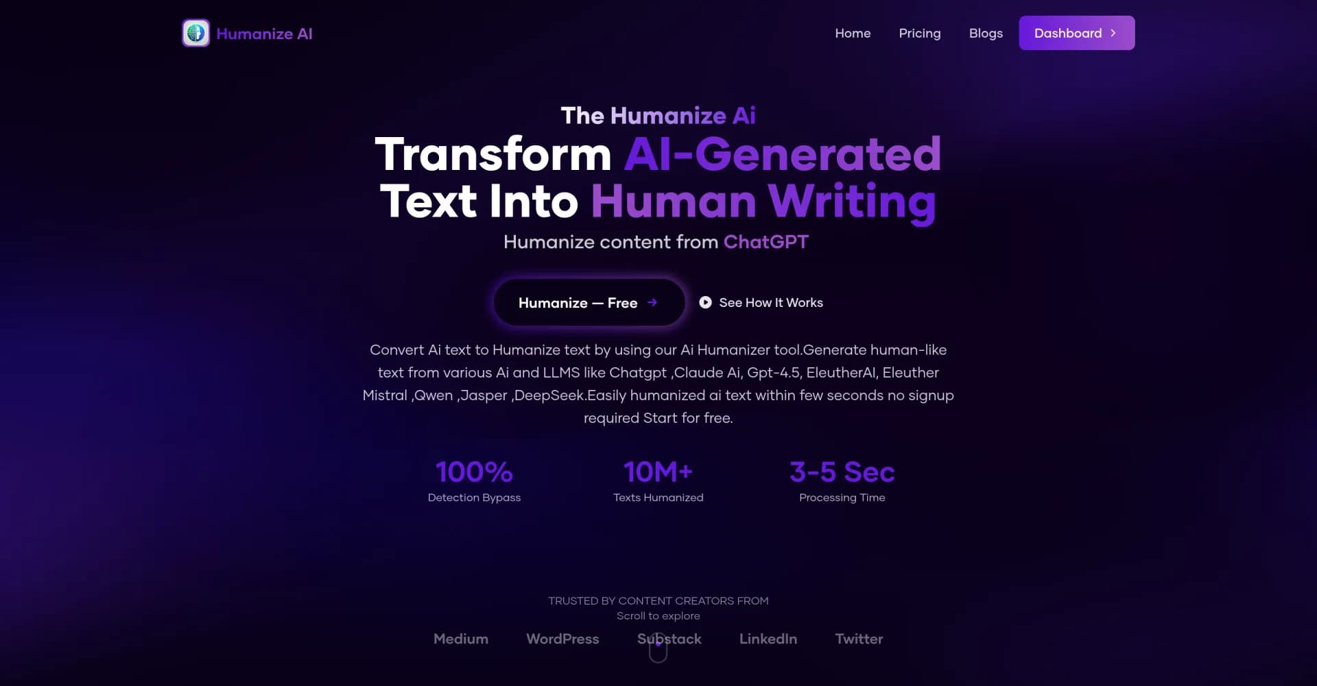Humanize AI Pro homepage screenshot — Transform AI text into natural human writing.