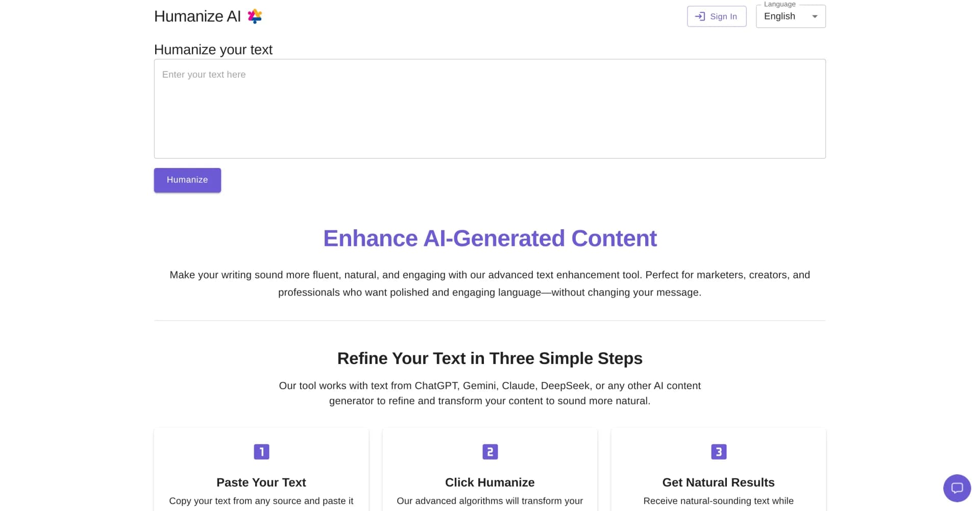 Humanize AI Text homepage screenshot — Transform AI-Generated text into content that feels like it'