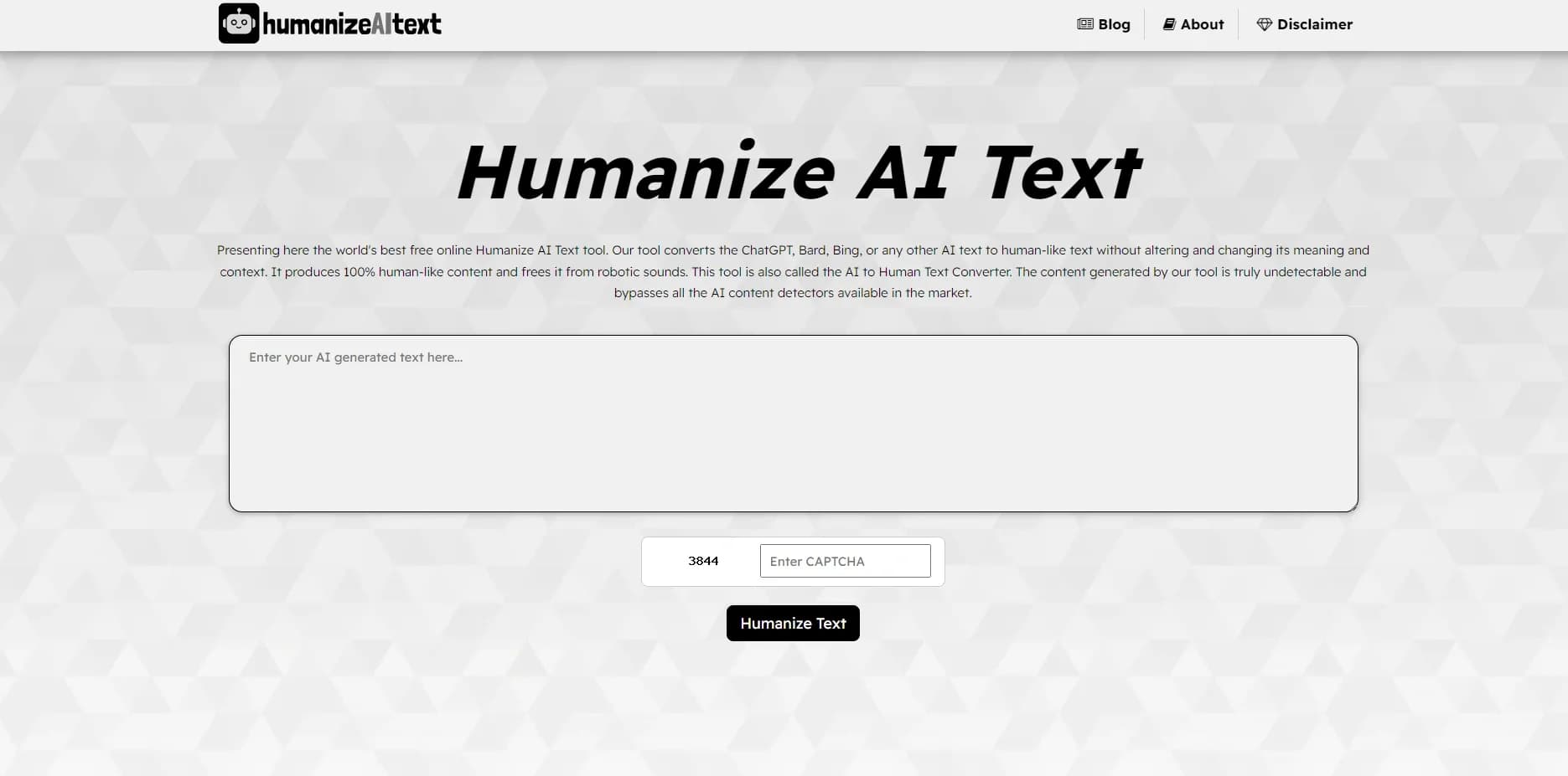 Humanize AI Text homepage screenshot — Transform AI-generated text into human-like content.