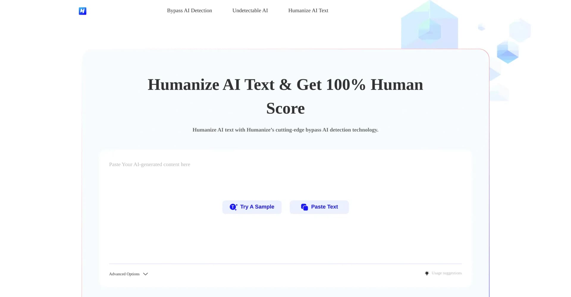 HumanizeAI Tools homepage screenshot — Transform AI text into undetectable human-like content.