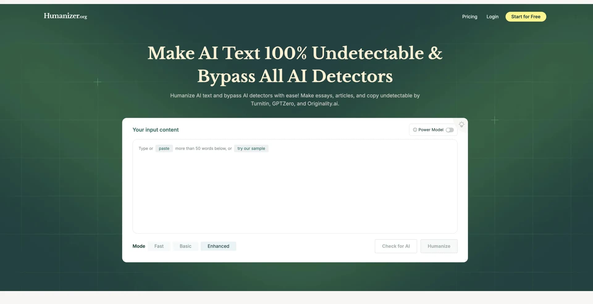 Humanizer.org homepage screenshot — Humanize AI text to bypass detectors