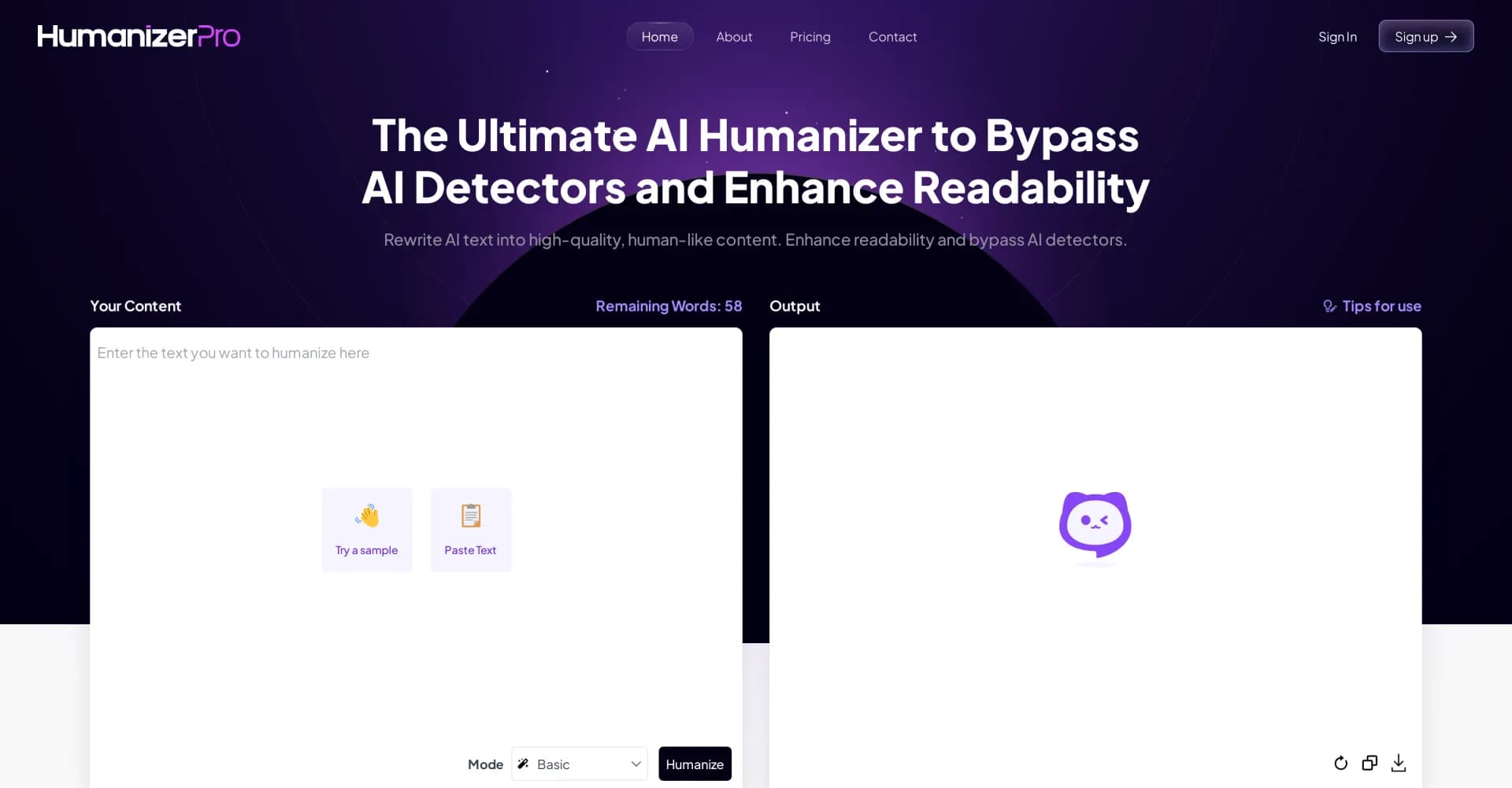 HumanizerPro homepage screenshot — Rewrite AI text into human-like content.